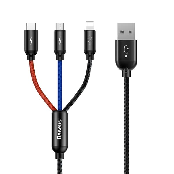 3-i-1-kabel USB-A - micro-USB / iPhone Lightning / USB-C 3,5A 0,3m - sort