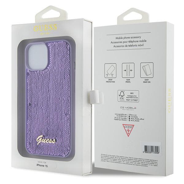 Guess Sequin Script Metal-skal till iPhone 15, lila/lila