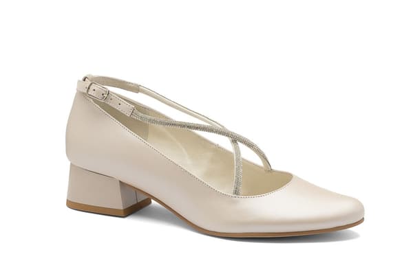 Lave 4 cm læderbryllupssko med strassremme, beige 38
