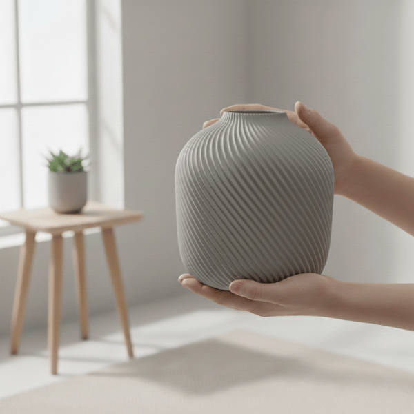 Moderne, minimalistisk, rillet grå vase til blomster og græsser