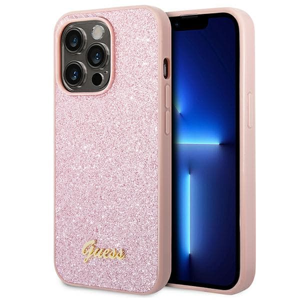 Guess Glitter Script-etui til iPhone 14 Pro Max, lyserød