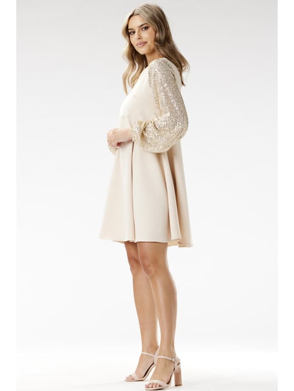 A-formet minikjole med pailletterede ærmer, beige S