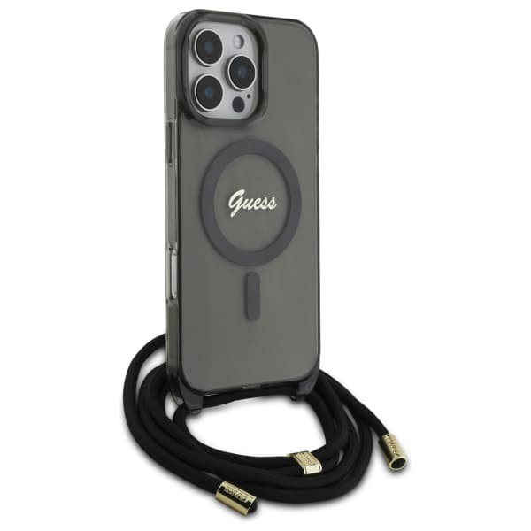 Guess Crossbody Cord Script MagSafe -kotelo iPhone 16 Prolle, musta