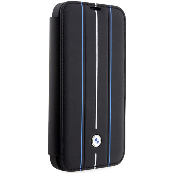 BMW Læder Flip-etui med Stamp og Blå Linjer til iPhone 14 Pro, Sort