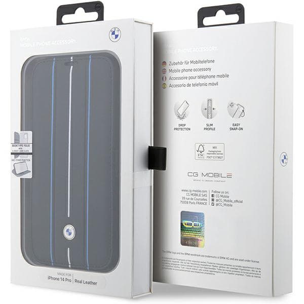 BMW Læder Flip-etui med Stamp og Blå Linjer til iPhone 14 Pro, Sort