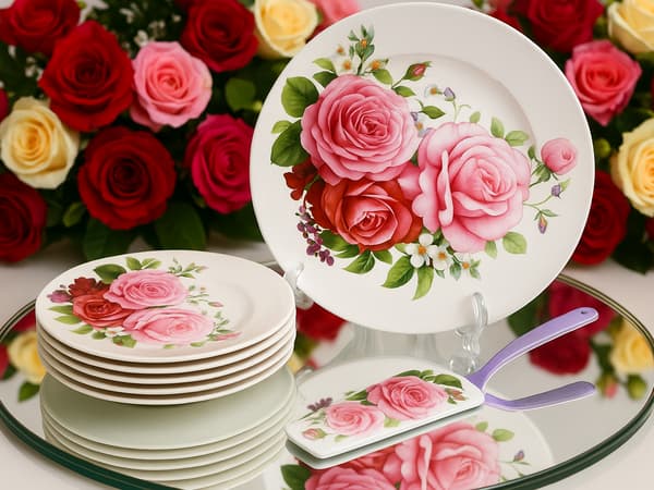 Porslinstallrikar med spatel i presentask, Rose-kollektionen