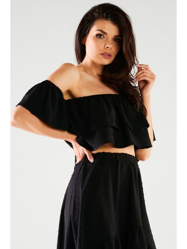 Sommer, luftig bluse, spansk stil, sort L/XL