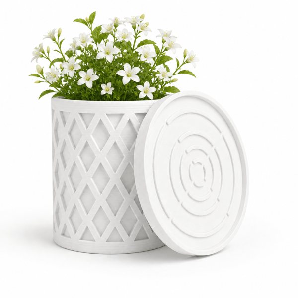 Vit blomkruka med geometriskt växtlock