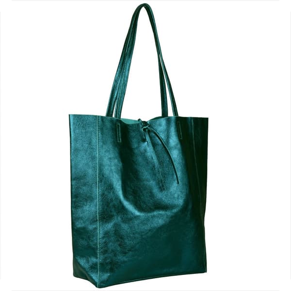 Lätt shoppingväska i läder i smaragdgrön metallic