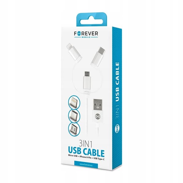 Forever 3-i-1-kabel USB - Lightning + USB-C + microUSB 1,0 m 1,5A vit
