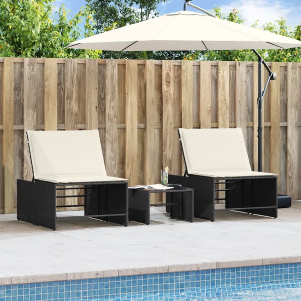 vidaXL liggestole med bord, sæt med 2, sort, polyrattan