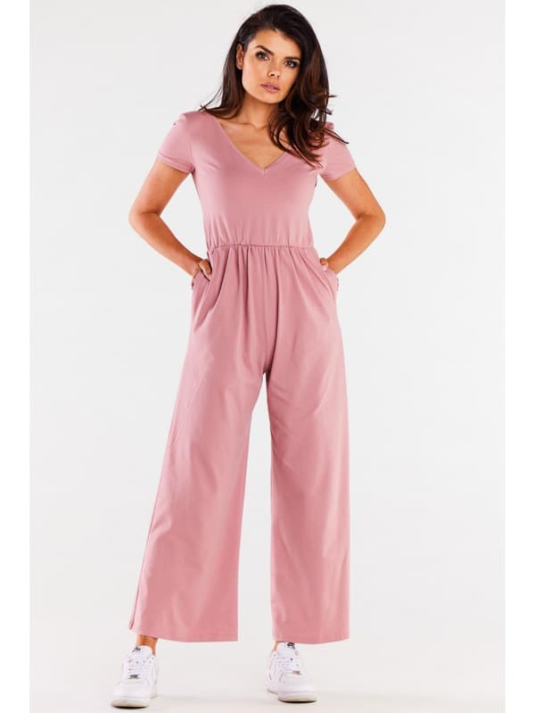 Bomullsjumpsuit med vida ben och V-ringning, Rosa S