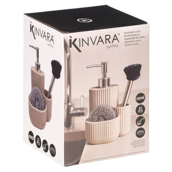 Køkkenopvaskemiddeldispenser med børste og svamp, beige