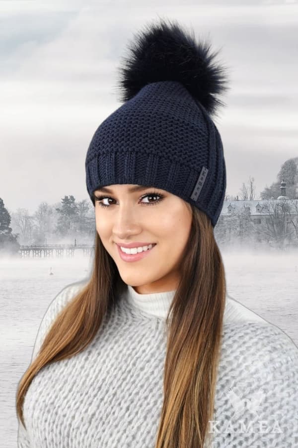 FIONA dam vinterfleecemössa med pompom, marinblå