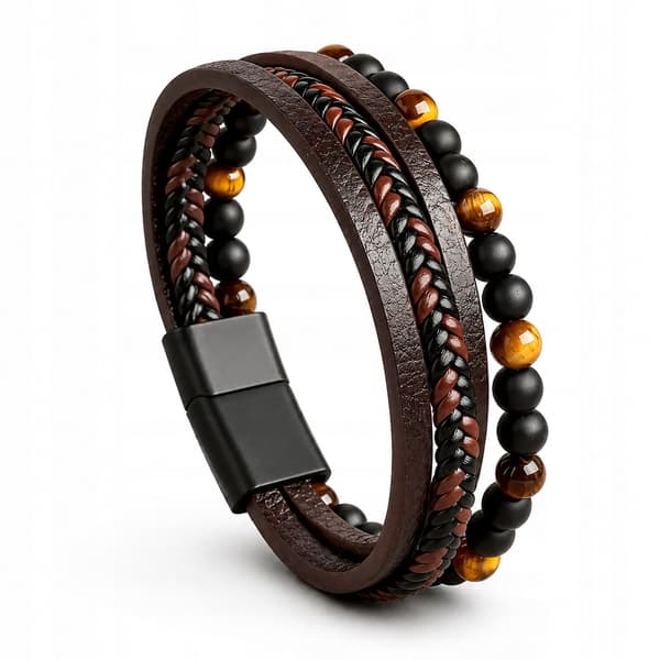Herrflätat läderarmband justerbart tigeröga 19-23cm gåva