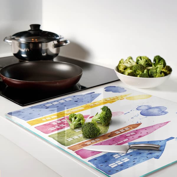 Dekorativ glastavle med grafik til servering af snacks, huse, 60x52 cm