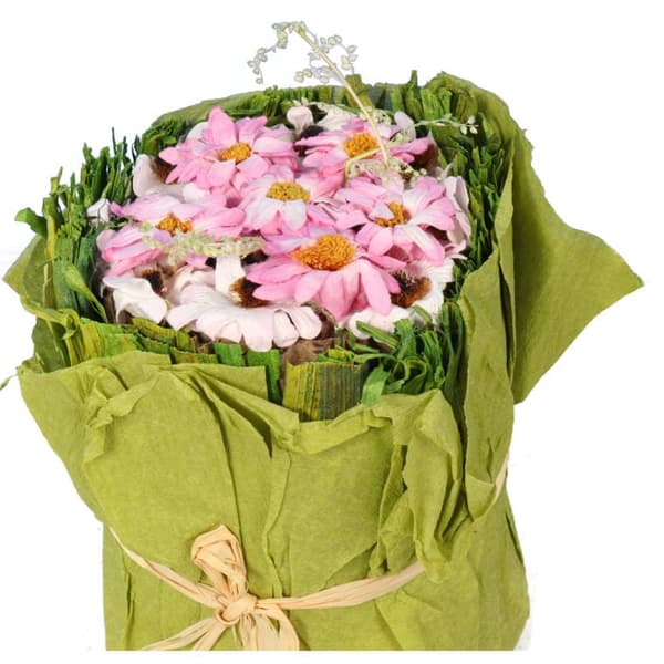 Grön komposition med rosa papperblommor 12 cm