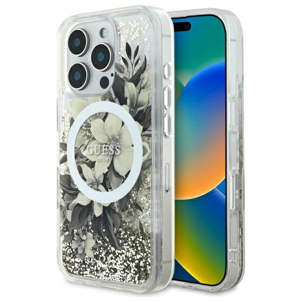 Guess Liquid Glitter Flower MagSafe-etui til iPhone 16 Pro, Beige