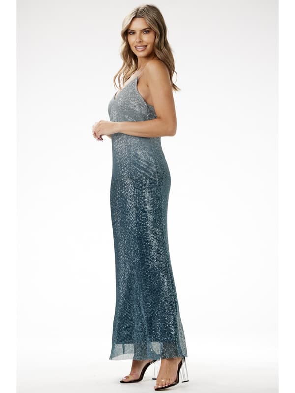 Paillette maxi aftenkjole med stropper, ombre-effekt - grå og blå M