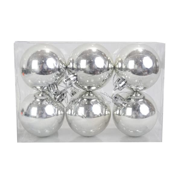 Sæt med 6 sølvfarvede plastikkugler diameter 6 cm med glansfinish