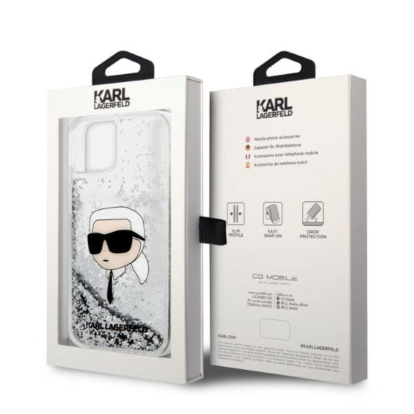 Karl Lagerfeld Glitter Karl Head-etui til iPhone 14 Plus, sølv