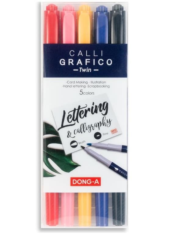 Dobbeltsidede penselkalligrafipenne, 5 farver