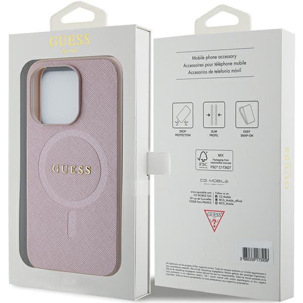 Guess Saffiano MagSafe-etui til iPhone 15 Pro, lyserød
