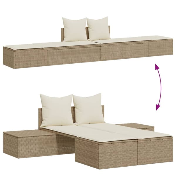 vidaXL Dubbel dagbädd med kuddar, beige, polyrotting