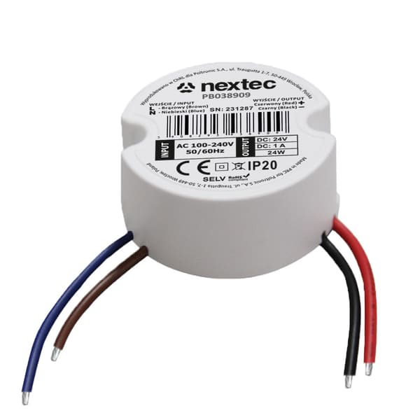 Pyöreä virtalähde 50mm, 24V, IP20, 1A, 24W