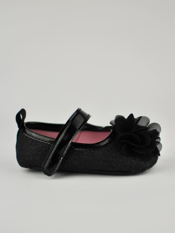 SKO SORTE GLITTER MED BLOMSTER ELEGANT 0-6 Y858Y