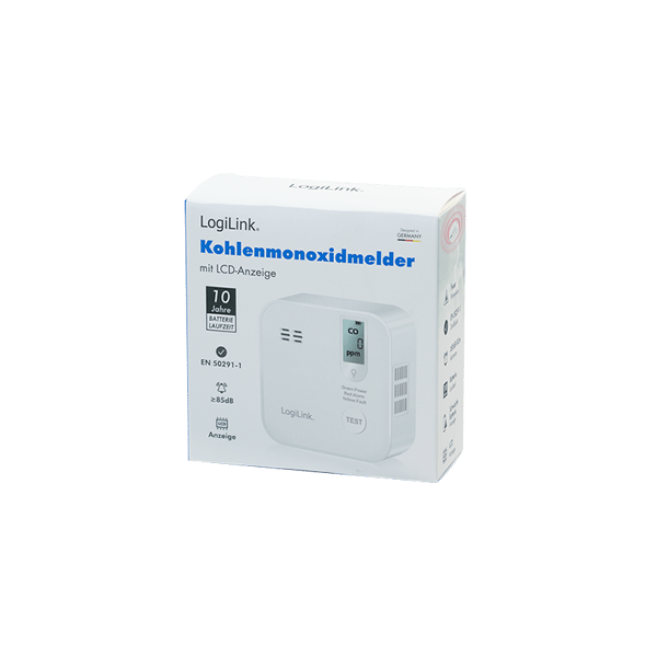 LogiLink kolmonoxiddetektor med sensor, 10 års batteritid, 85 dB larm