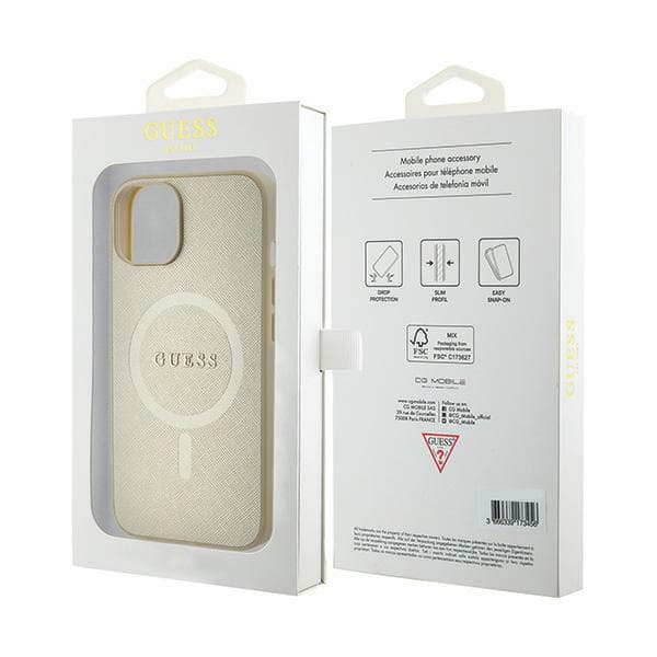 Guess Saffiano MagSafe-etui til iPhone 15 Plus, guld