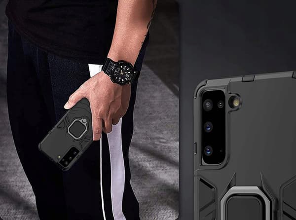 ETUI TIL SAMSUNG GALAXY S21 RING ARMOR BAGSIDE SORT ETUI + GLAS