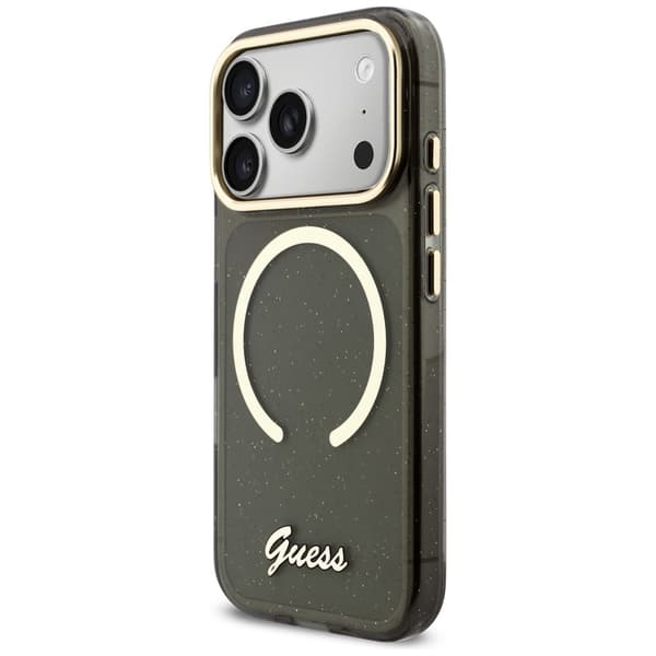 Guess IML Glitters Script Strap MagSafe-skal till iPhone 17 Pro Svart