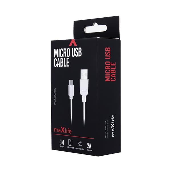 Maxlife USB - microUSB-kaapeli 3,0 m 2A valkoinen