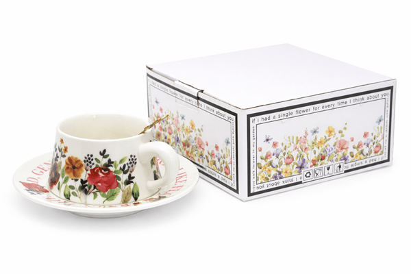 Jumbo 300 ml kopp med fat Blommor + guldsked present