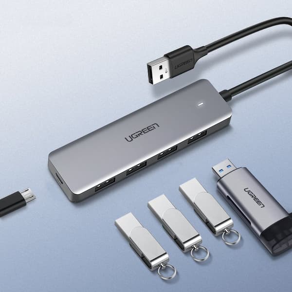 HUB USB Port Splitter - 4x USB 3.2 med Micro USB Strømport Grå