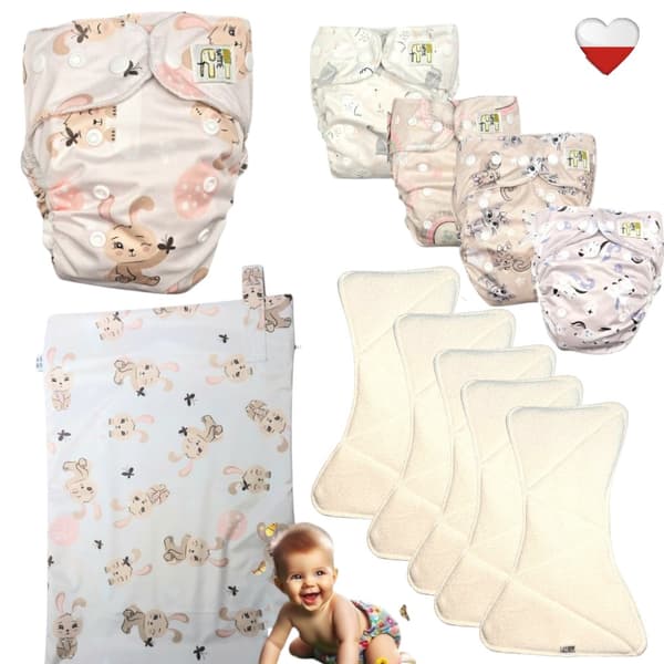 Coolmax AIO tvättbara blöjor, 5 st med påse – Bunny Design