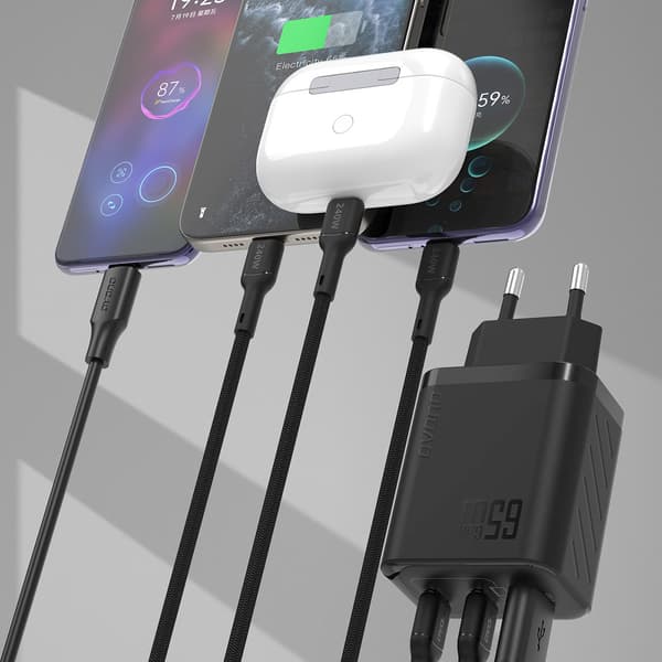 GaN Vægoplader med USB-C Kabel 1m 65W - Sort