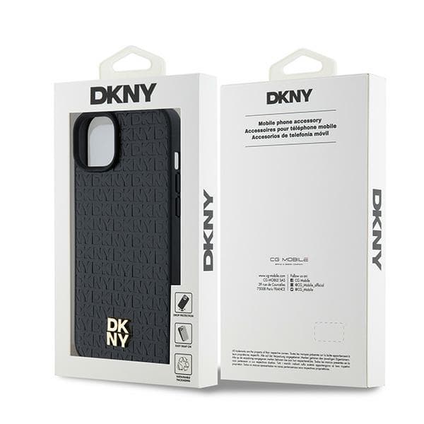 DKNY Lædermonogrammønster Metal Logo MagSafe-etui til iPhone 15 Plus, Sort