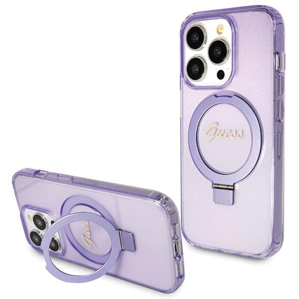 Guess Ring Stand Script Glitter MagSafe-etui til iPhone 13 Pro Max, lilla
