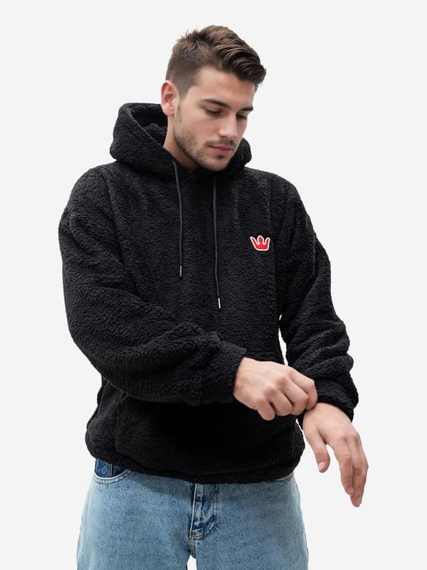 Herre Oversize Sort Teddy Simple Crown Sherpa Hættetrøje M