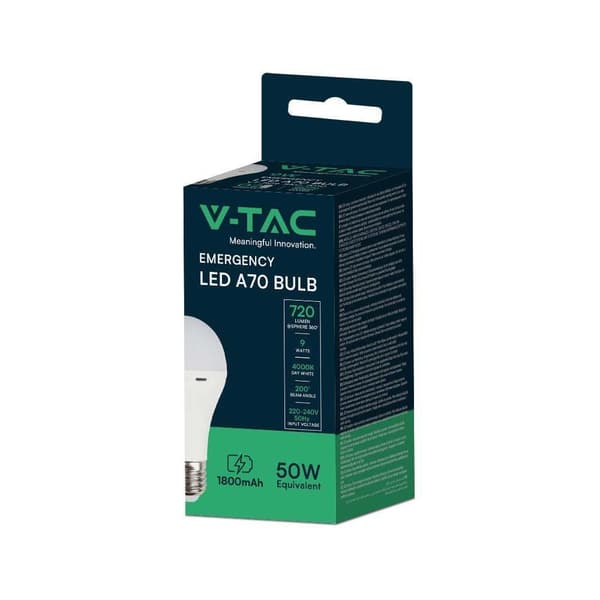 V-TAC LED nødpære 9W A70 E27 4,5 timer VT-509 4000K 720lm