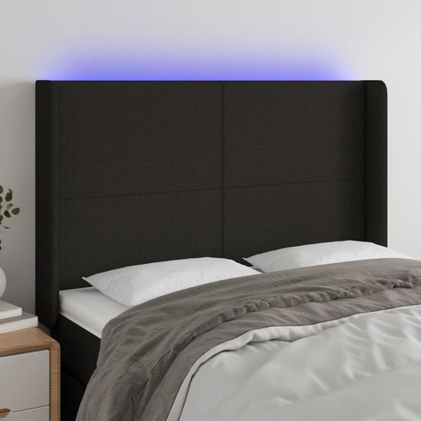 vidaXL sengegavl med LED sort 147x16x118/128 cm stof