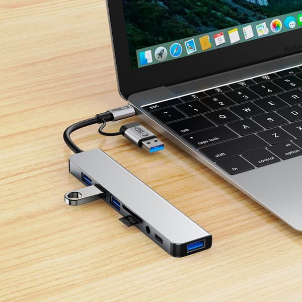 HUB multifunktionel splitter 8in1 USB-C USB-A SD/TF AV3.5 - grå