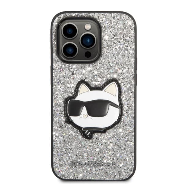 Karl Lagerfeld Glitter Choupette Patch-skal till iPhone 14 Pro, Silver