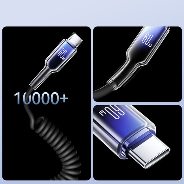 USB-C spiralkabel - USB-C Crystal-Clear-serien 60W 1,5m - sort