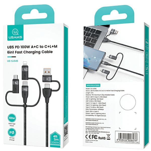 USAMS U85 2xUSB-C til USB-A til Micro-USB til Lightning 6in1 Kabel 2m 100W PD Hurtigopladning Lilla