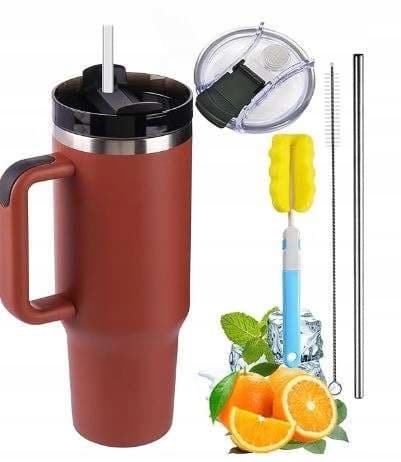 Termosmugg med sugrör 1200ml med handtag vinrött tillbehörsset
