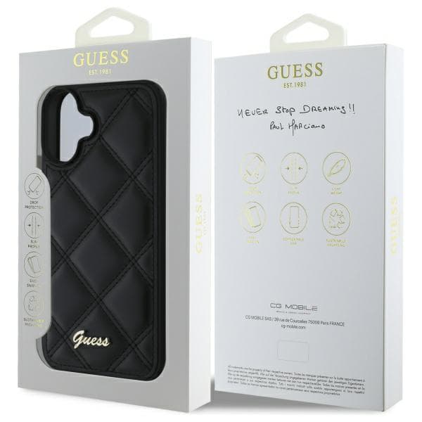 Guess Quiltet Metal Logo-cover til iPhone 16, Sort